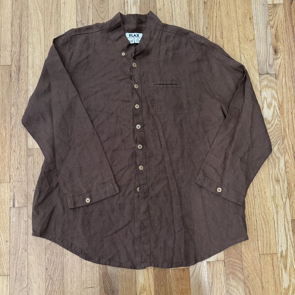 Flax Women's Size Large Brown Long Sleeve Button Up 100% Linen Blouse Tunic